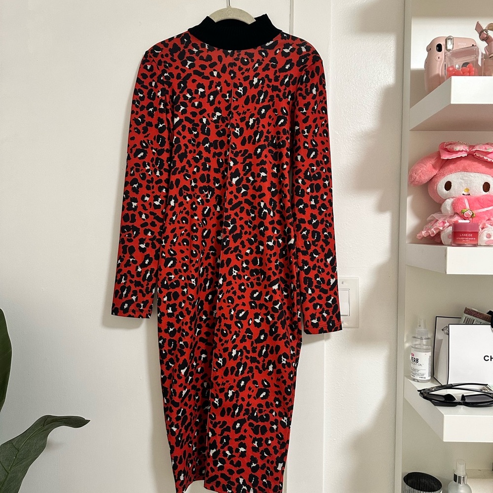 Zara Red and Black Leopard Print Long Sleeve Dress